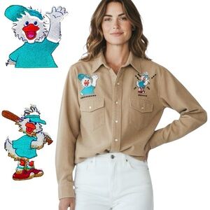 Vtg 80s Windbreaker Corduroy Shirt  Embroidery Jack Quacker Tan Button Up Sz M